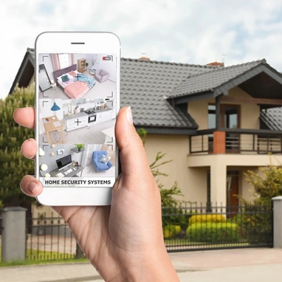 Bloomington vivint phone display of cctv live feed in front of a house